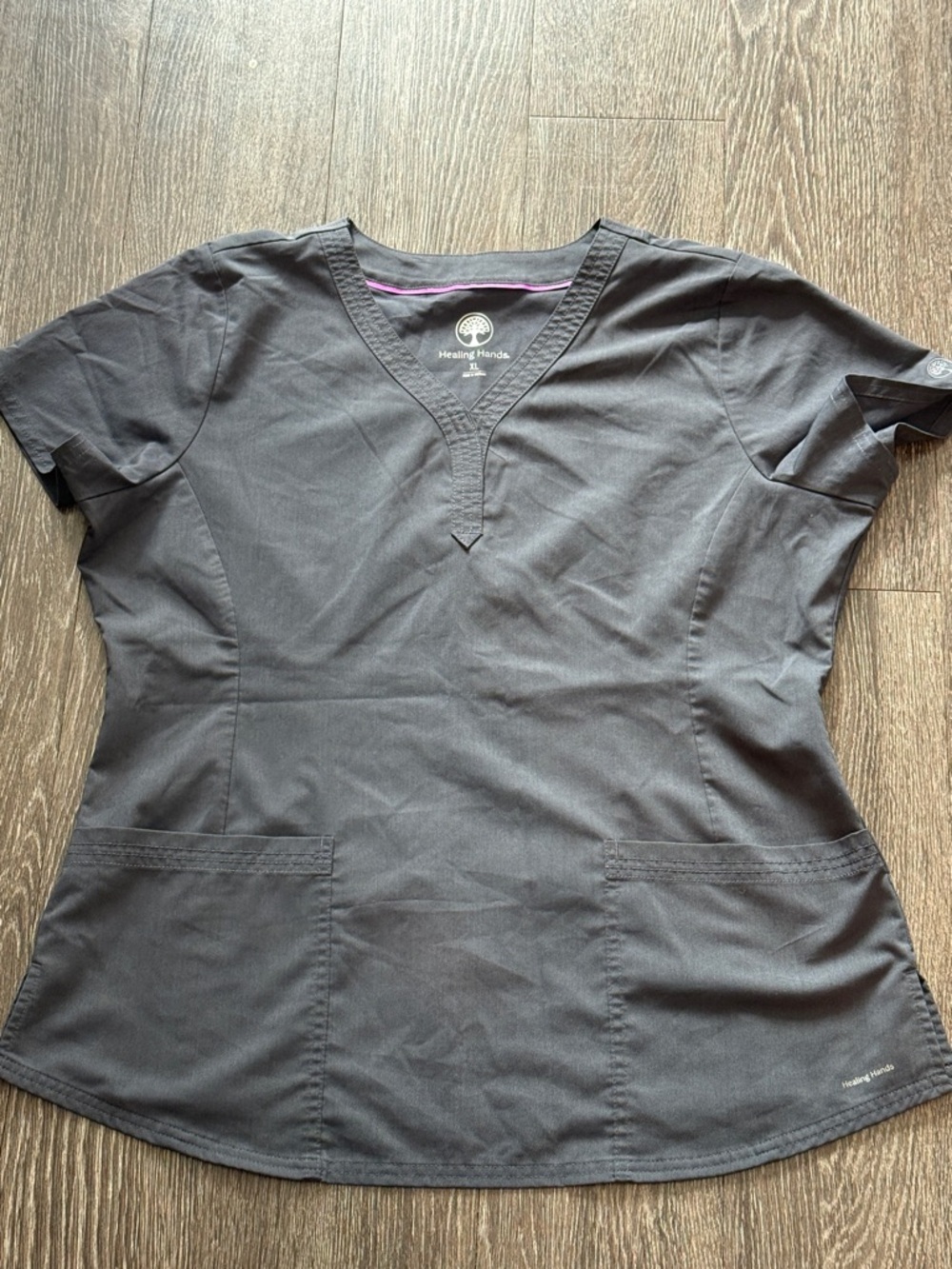 healing hands Women's V-Neck Scrub Top in Charcoal with Pink Trim